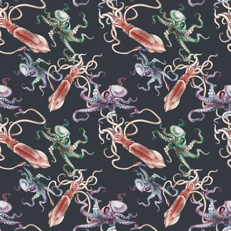 Watercolor squid octopus seamless pattern, hand painted illustrationの写真素材
