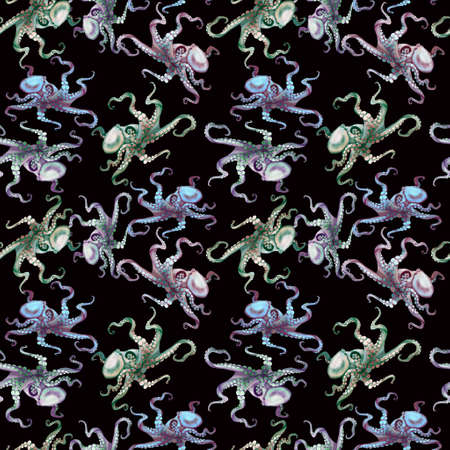 Beautiful seamless underwater pattern with watercolor octopus.の写真素材
