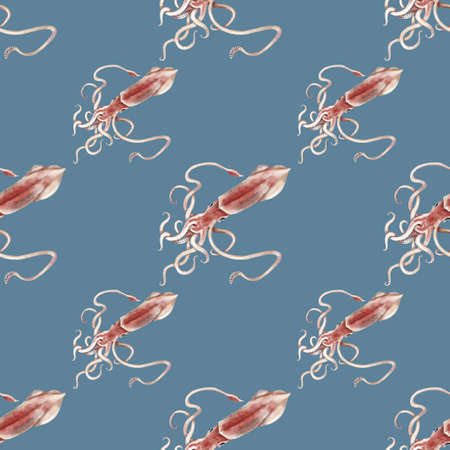 Watercolor squid seamless pattern, hand painted illustration backgroundの写真素材