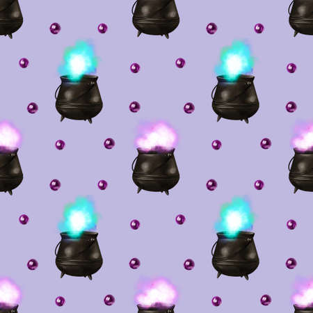 Watercolor Magic Cauldron seamless pattern. Potion witches illustrationの写真素材
