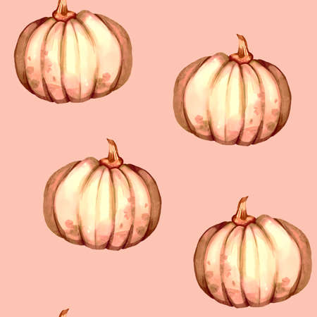 Watercolor pumpkin seamless pattern. Orange, rose and white pumpkinsの写真素材