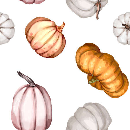 Watercolor pumpkin seamless pattern. Orange, rose and white pumpkinsの写真素材