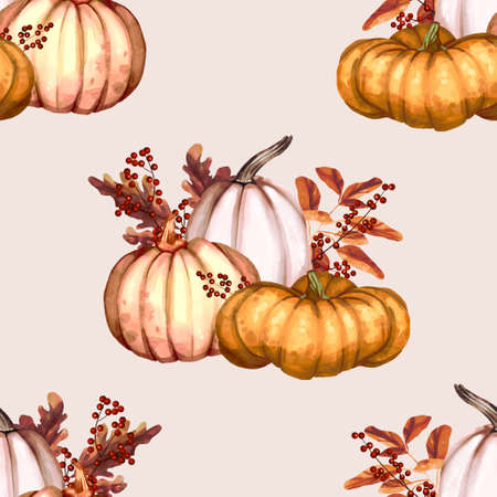 Watercolor pumpkin seamless pattern. Orange, rose and white pumpkinsの写真素材