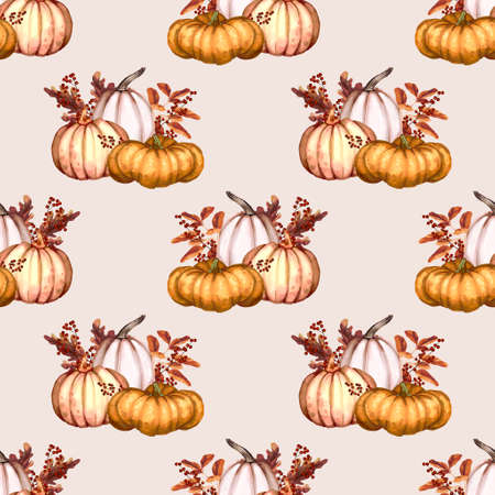 Watercolor pumpkin seamless pattern. Orange, rose and white pumpkinsの写真素材