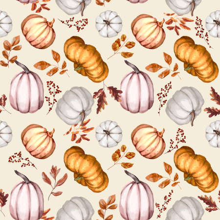 Watercolor pumpkin seamless pattern. Orange, rose and white pumpkinsの写真素材