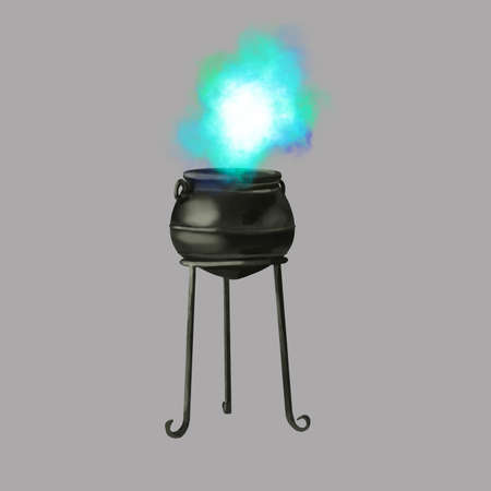 hand-drawn witchs cauldron with a blue potion on an isolated grey background. Watercolor illustration for Halloweenの写真素材