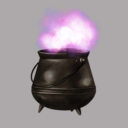 hand-drawn witchs cauldron with a purple potion on an isolated grey background. Watercolor illustration for Halloweenの写真素材