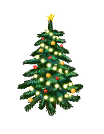 Watercolor decorated Christmas tree illustration. Holiday greeting cardの写真素材