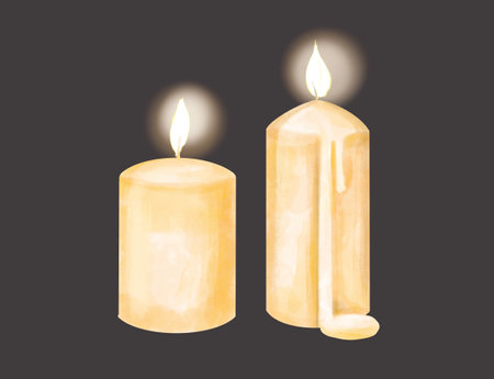 Watercolor candle, isolated illustration, burn, grey backgroundの写真素材