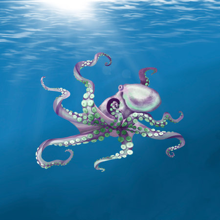 watercolor octopus swimming in the sea. Purple octopusの写真素材