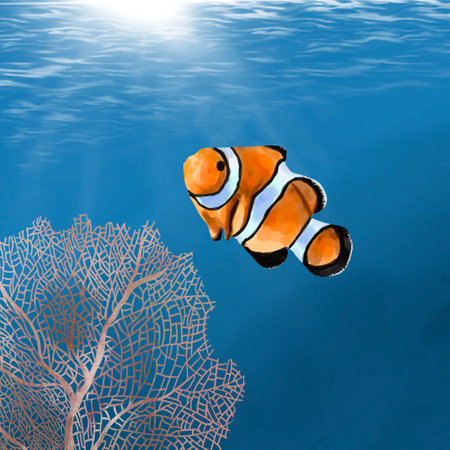 watercolor clown fish on the background of the sea and coralの写真素材
