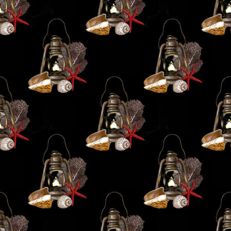 Watercolor nautical seamless pattern or black background. Gas lamp, seashells, starfish and coralの写真素材