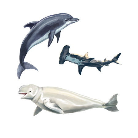 Watercolor dolphin, Beluga and hammerhead shark. Isolated illustration on a white backgroundの写真素材