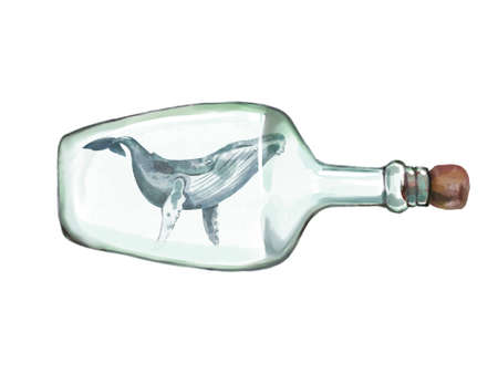 Watercolor illustration of a whale in a bottle. Isolated on a white backgroundの写真素材
