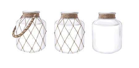 Watercolor set of transparent bottles with a grid of tourniquet. Glass bottle with ropeの写真素材