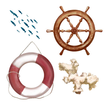 Watercolor marine set: lifeline, coral, steering wheel and school of fishの写真素材