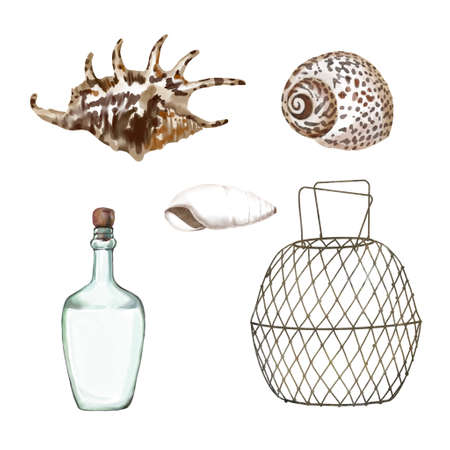 Watercolor Seashell Set, Crab Nets and Glass Bottleの写真素材