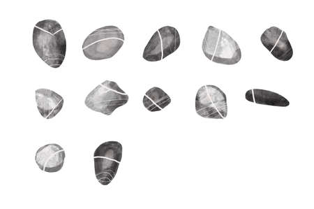 Watercolor set of stones. Gray stones with white stripes. Treasures of the coastの写真素材