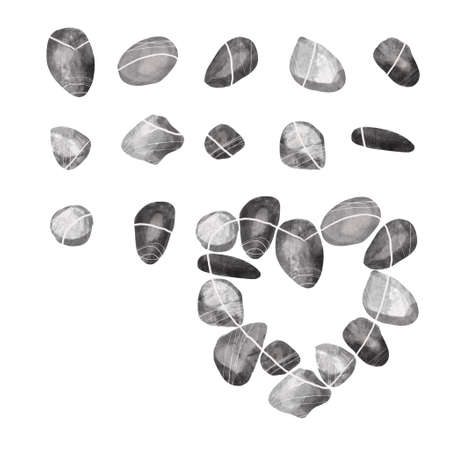 Watercolor set of stones. Gray stones with white stripes. Treasures of the coastの写真素材