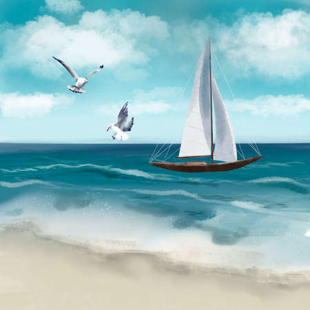 Illustration of a sailing yacht against the background of the ocean. Seascapeの写真素材