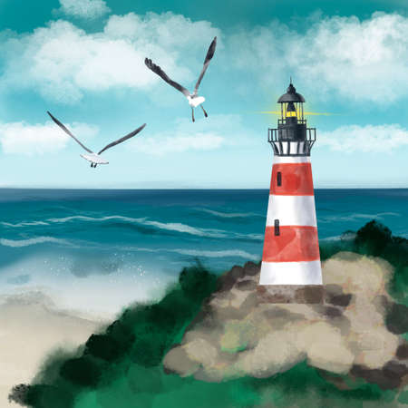 Illustration of a lighthouse on a mountain. Against the background of the sea. Watercolorの写真素材