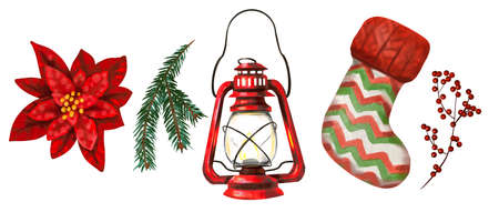 Watercolor Christmas set. Poinsettia, spruce branch, gas lamp, holiday sock and red berriesの写真素材