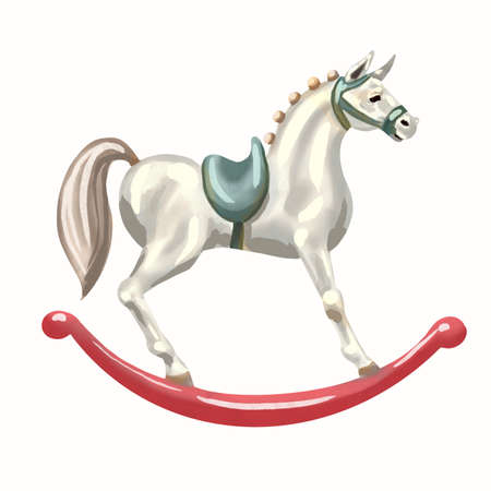 watercolor Christmas tree toy white horse. Childrens Toy Swing Horseの写真素材