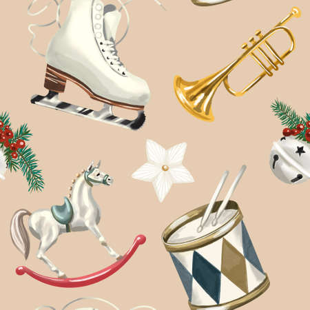 Watercolor Christmas seamless pattern. Christmas decor and giftsの写真素材