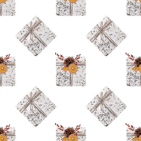 Watercolor Christmas seamless pattern. Christmas decor and giftsの写真素材