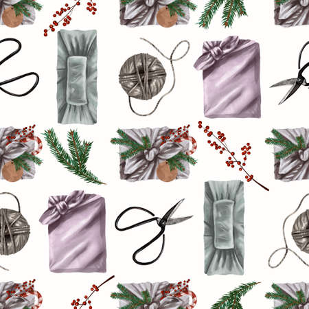 Watercolor Christmas seamless pattern. Christmas decor and giftsの写真素材