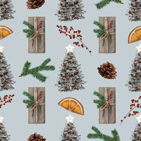 Watercolor Christmas seamless pattern. Christmas decor and gifts