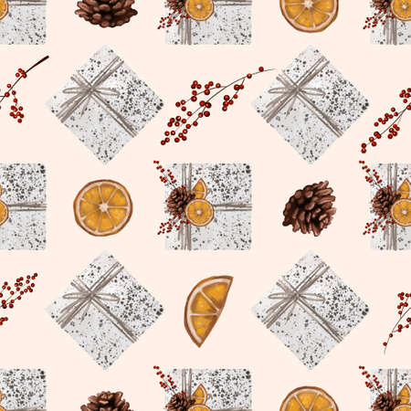 Watercolor Christmas seamless pattern. Christmas decor and giftsの写真素材