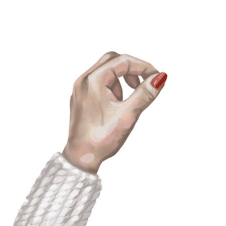 watercolor left hand with red manicure. hand holds. isolated on a white background.の写真素材