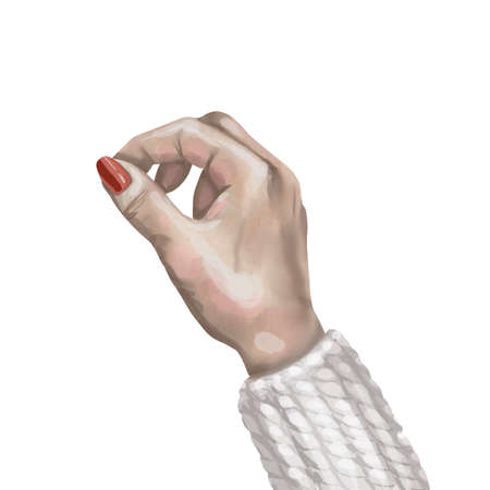 watercolor right hand with red manicure. hand holds. isolated on a white background.の写真素材