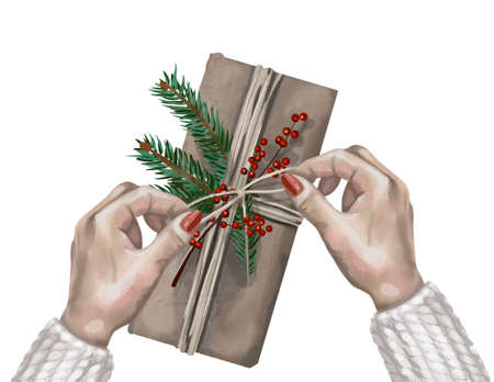 watercolor scene. hands decorate Christmas gifts. isolated on a white backgroundの写真素材