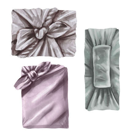 Watercolor set of gift boxes. boxes in packing paper with a bow. Wrapping paperの写真素材