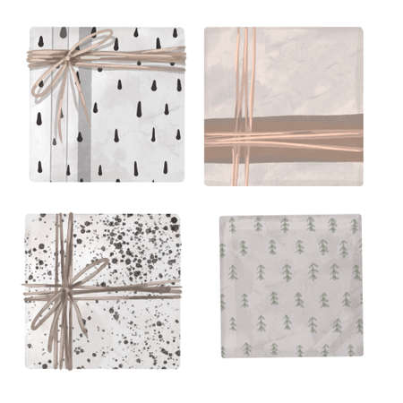 Watercolor set of gift boxes. boxes in packing paper with a bow. Wrapping paperの写真素材
