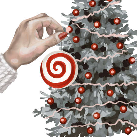 watercolor scene. decorates the tree for Christmas. hangs a Christmas tree toy on the Christmas tree.の写真素材