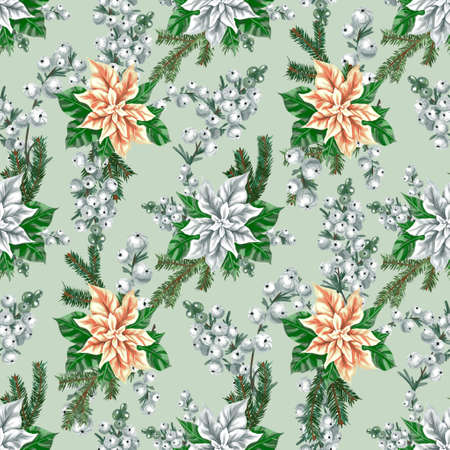 Watercolor Poinsettia. Christmas star. Christmas flower seamless Patternの写真素材