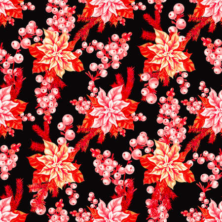 Watercolor Poinsettia. Christmas star. Christmas flower seamless Patternの写真素材