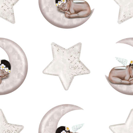 watercolor seamless pattern of newborn babies. Baby Shower Boho.の写真素材