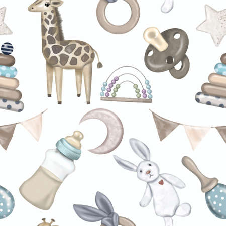 Watercolor seamless pattern for children. Childrens toys, nipple, giraffe, bunny on a white background. Baby showerの写真素材