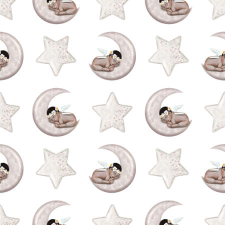 watercolor seamless pattern of newborn babies. Baby Shower Boho.の写真素材