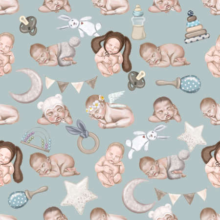 watercolor seamless pattern of newborn babies. Baby Shower Boho.の写真素材