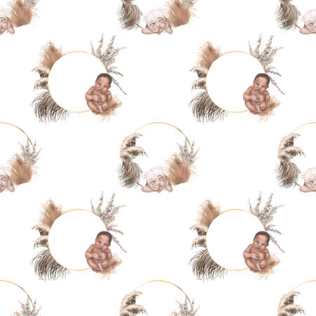 watercolor seamless pattern of newborn babies. Baby Shower Boho.の写真素材