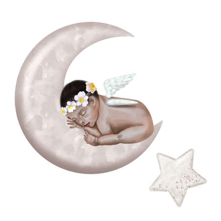Watercolor illustration of a newborn baby sleeping on the moon. child with wings and wreathの写真素材