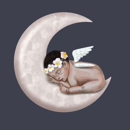 Watercolor illustration of a newborn baby sleeping on the moon. child with wings and wreathの写真素材