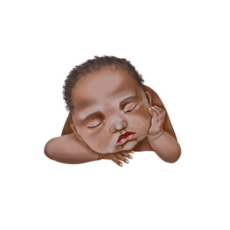 African American infant sleeping. Watercolor illustration of a newborn baby.の写真素材