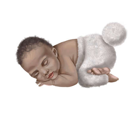 African American baby newborn. watercolor illustration of a baby in a cute costumeの写真素材