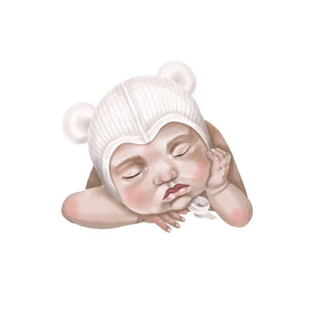 A watercolor infant is isolated on a white background. Newborn baby sleepsの写真素材